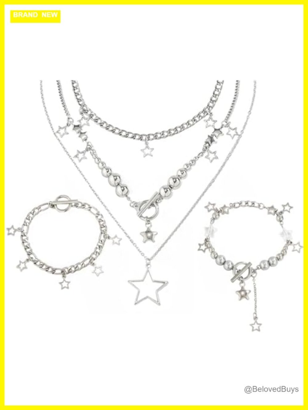 2 Pc Silver Star Necklace Set Y2K Kawaii Cute Aesthetic Vintage Emo Jewelry